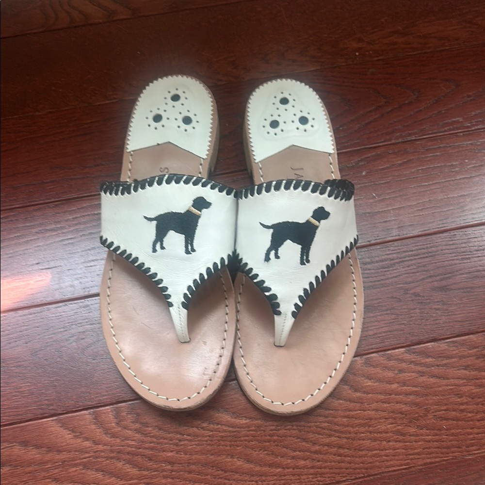 Jack Rogers White and Black Dog Embroidered Sandals